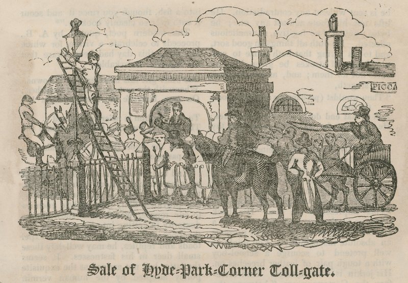 Salg af betalingsport (Hyde Park Turnpike), Hyde Park Corner, London af English School