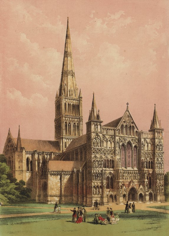Salisbury Cathedral, Wiltshire (farvelitografi) af English School