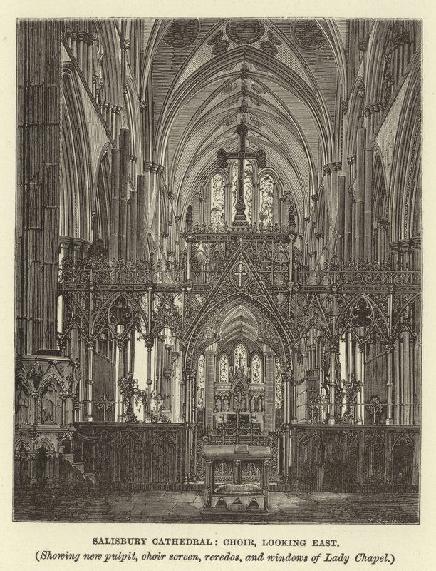 Salisbury Cathedral, kor, ser mod øst, viser ny prædikestol, korskærm, reredos og vinduer i Lady Chapel af English School