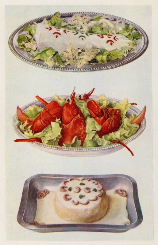 Laksemayonnaise; hummersalat; fiskesouffle (farvelitografi) af English School