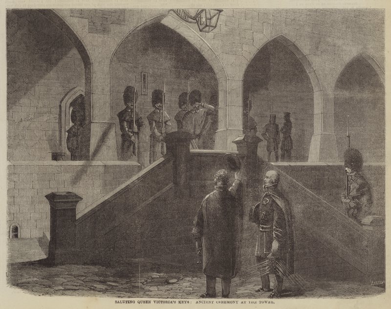 Hilsen dronning Victorias nøgler, gammel ceremoni ved tårnet (gravering) af English School