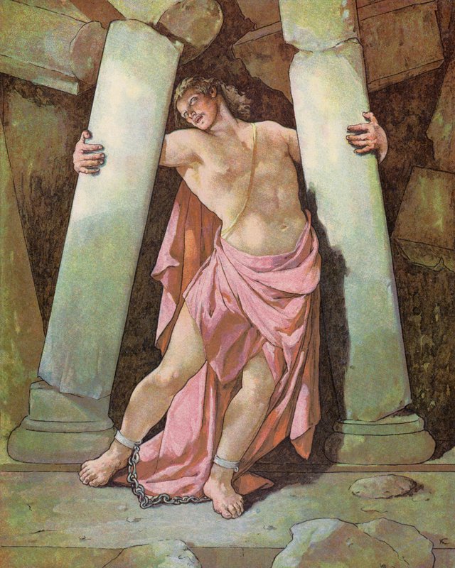 Samson knuser templets søjler (farvelitografi) af English School