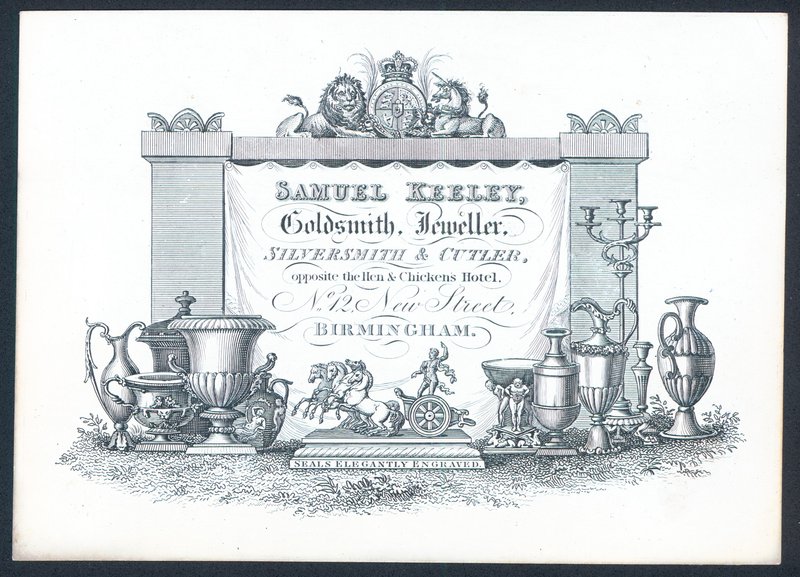 Samuel Keeley, guldsmed, guldsmed, sølvsmed og skærer, handelskort af English School