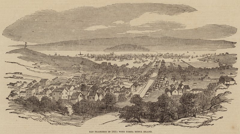 San Francisco i 1851, med øen Yerba Buena (kobberstik) af English School