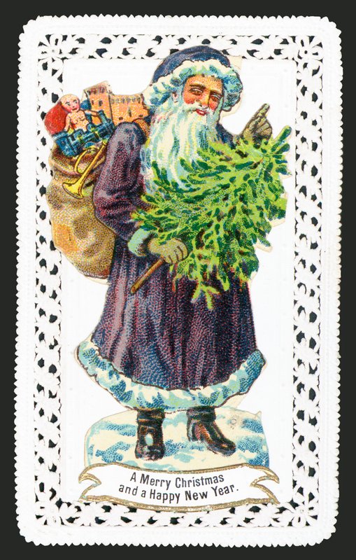 Julemanden med legetøjssæk og træ, julekort af English School