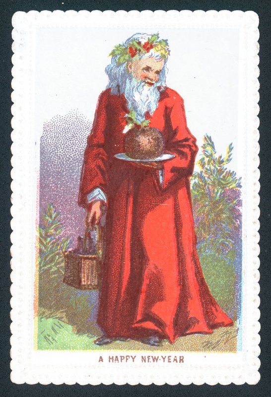 Julemand holder blommebudding, julekort af English School