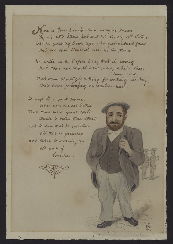 Satirisk rim om den franske socialistiske politiker Jean Jaures (farve litho) af English School