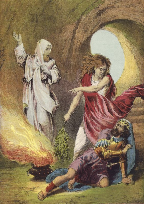 Saul og heksen fra Endor (farve litho) af English School