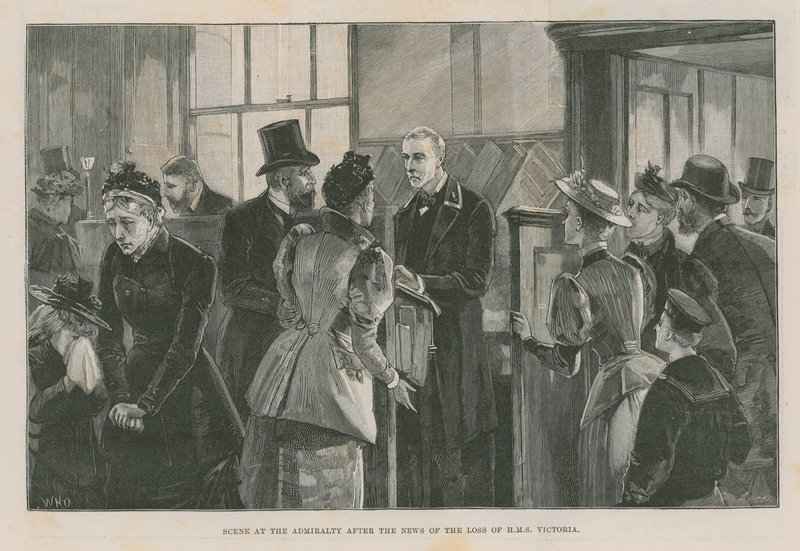 Scene på Admiralitetet efter nyheden om tabet af Victoria af English School