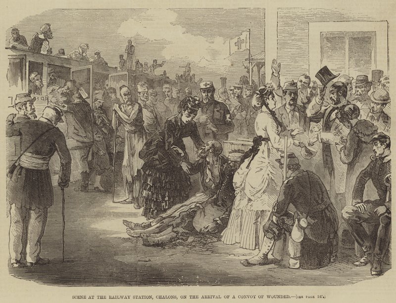 Scene på jernbanestationen, Chalons, ved ankomsten af en konvoj af sårede (gravering) af English School