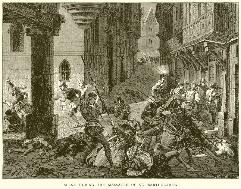 Scene under massakren på St. Bartholomew af English School