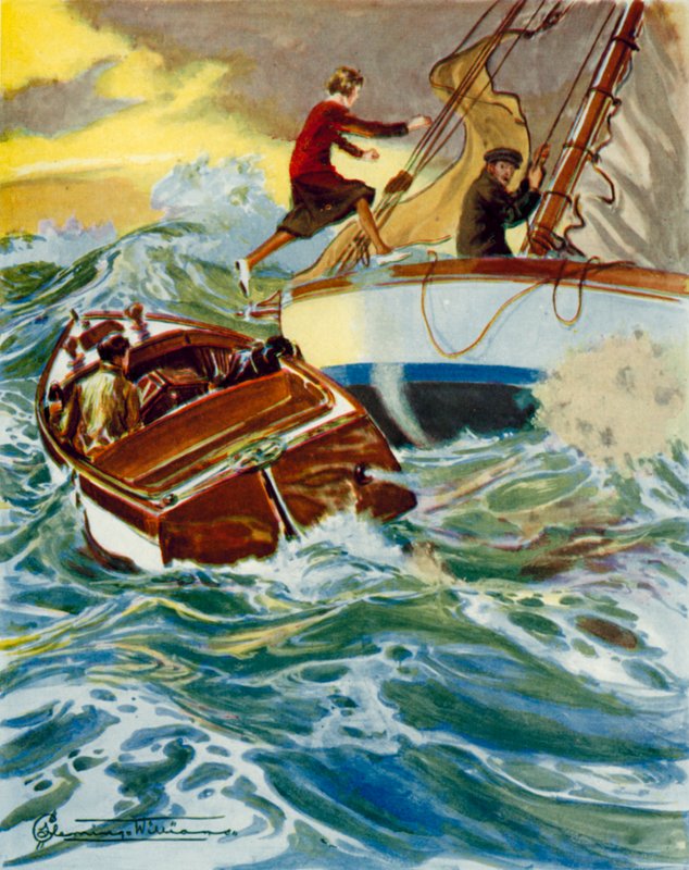Scene fra Four Valves and Sheila: en kvinde springer fra en motorbåd til en yacht i hård sø (farvelitografi) af English School