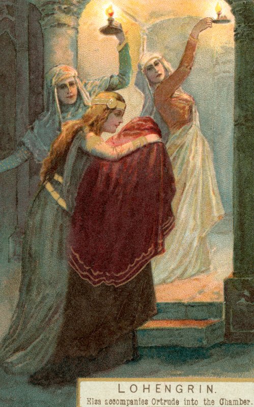 Scene fra Lohengrin: Elsa ledsager Ortrud ind i kammeret (chromolitho) af English School