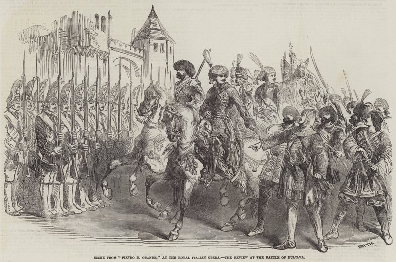Scene fra "Pietro il Grande," ved den kongelige italienske opera, anmeldelsen ved slaget ved Pultava (gravering) af English School