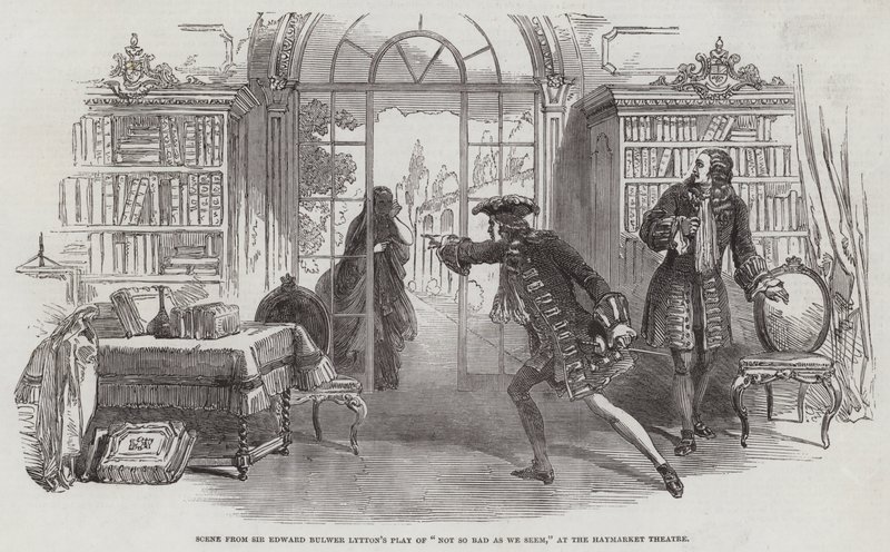 Scene fra Sir Edward Bulwer Lyttons skuespil af "Not So Bad As We Seem," på Haymarket Theatre (gravering) af English School