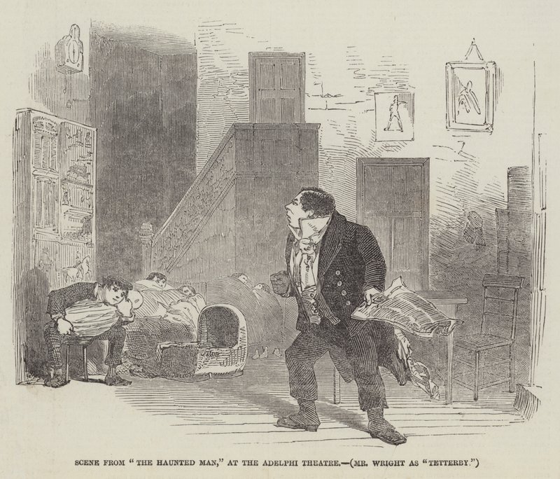 Scene fra "The Haunted Man," på Adelphi Theatre, Mr Wright som "Tetterby" (kobberstik) af English School