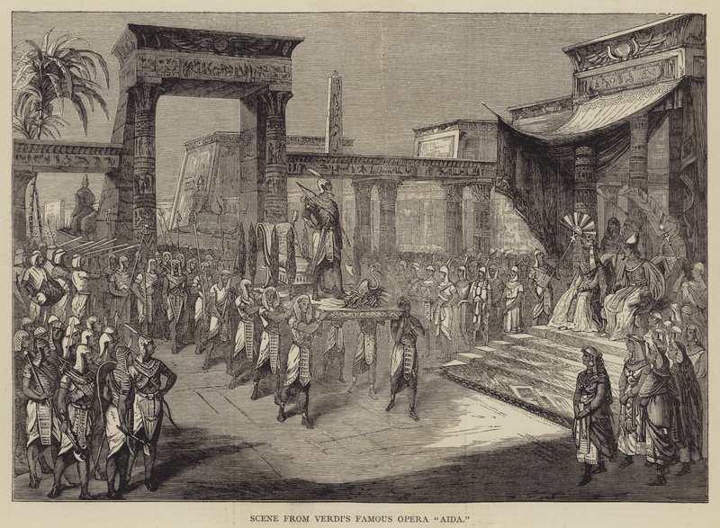 Scene fra Verdis berømte opera "Aida" (gravering) af English School