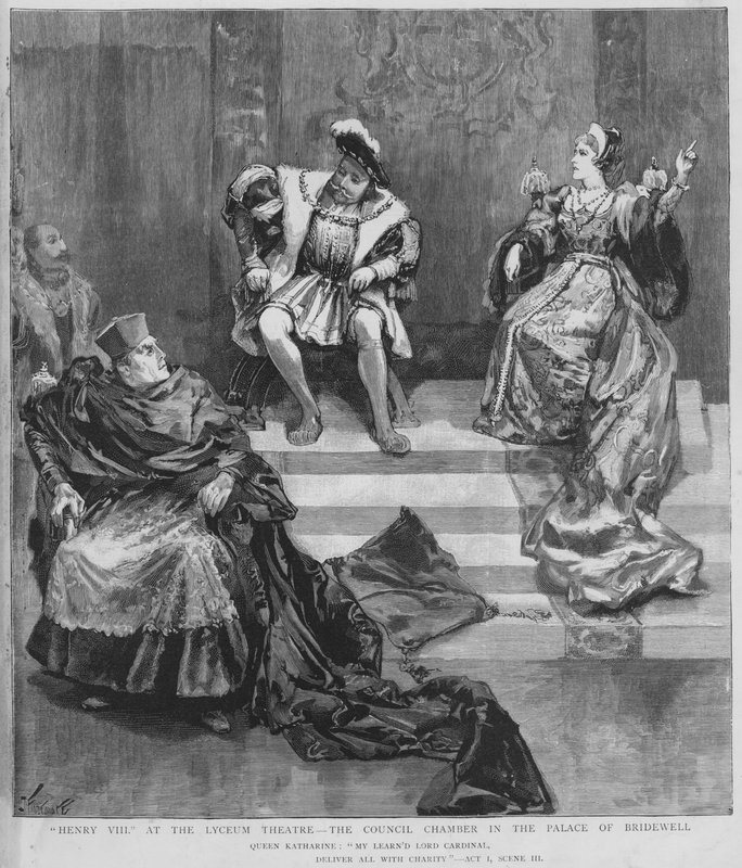 Scene fra en produktion af Shakespeares Henry VIII på Lyceum Theatre, London (litho) af English School