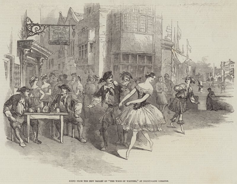 Scene fra den nye ballet af "The Wags of Wapping" på Drury-Lane Theatre (gravering) af English School