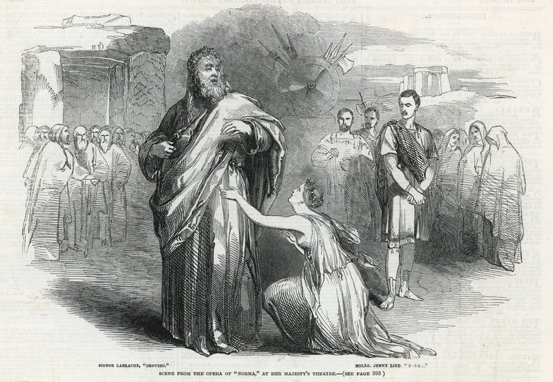 Scene fra operaen Norma i Her Majestys Theatre, London af English School