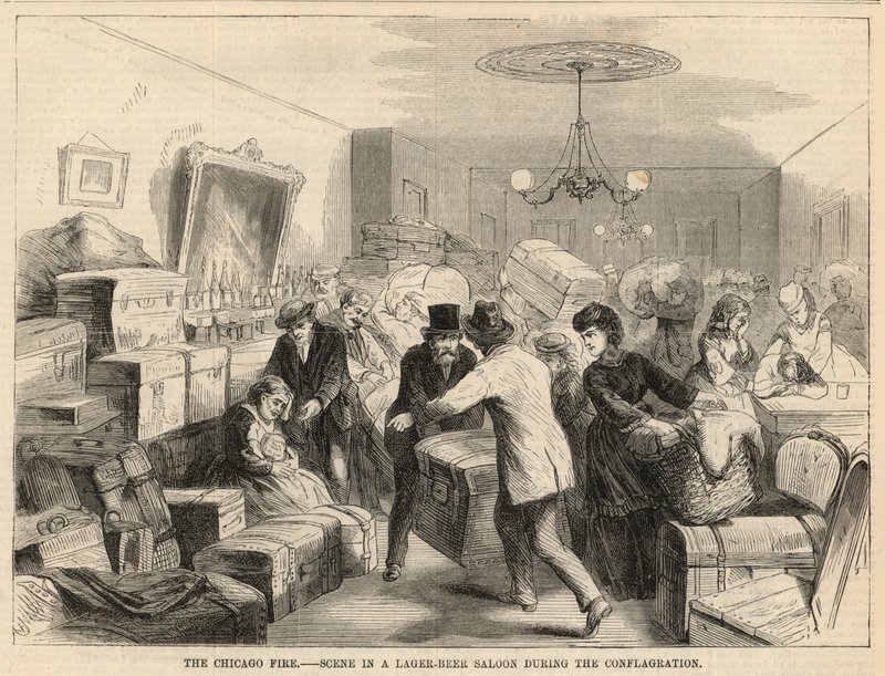 Scene i en pilsnerøl-salon under branden af English School