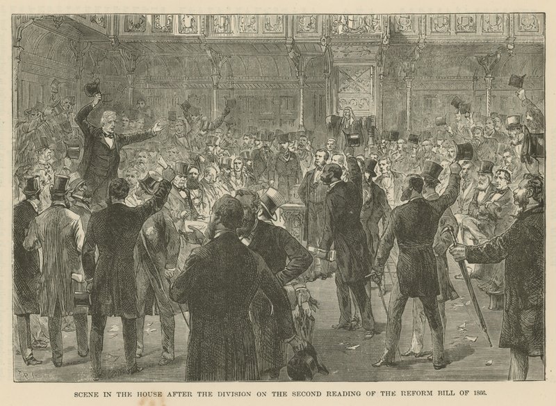 Scene i Underhuset efter delingen ved andenbehandlingen af reformforslaget fra 1866 af English School