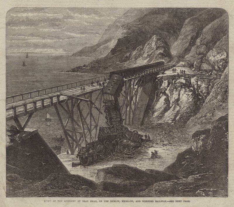 Scene for ulykken ved Bray Head, på Dublin, Wicklow og Wexford Railway (gravering) af English School