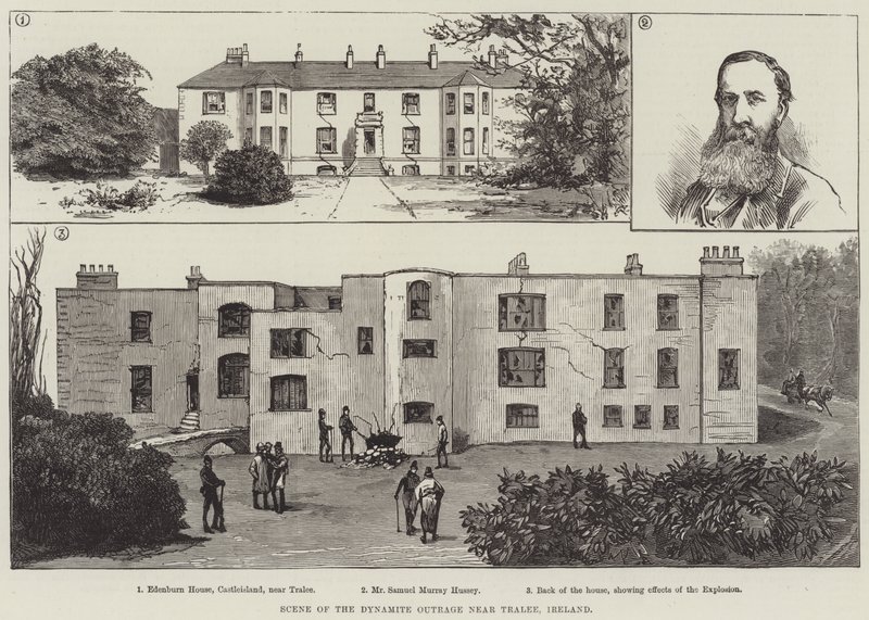 Scene af Dynamite Outrage nær Tralee, Irland (gravering) af English School
