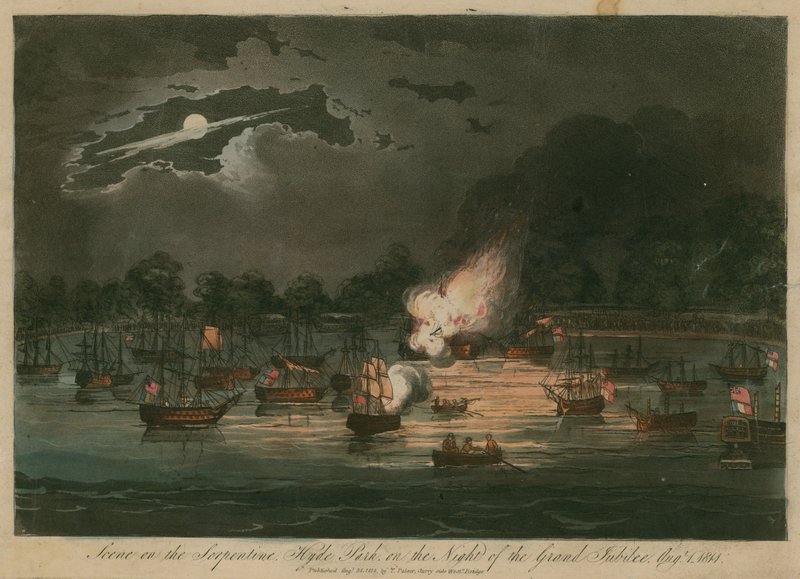 Scene på Serpentine, Hyde Park, London, natten til Grand Jubilee af English School