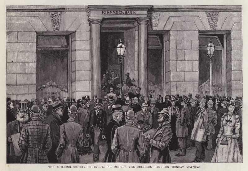 Scene uden for Birkbeck Bank, London, under byggesamfundskrisen i 1892 (litho) af English School