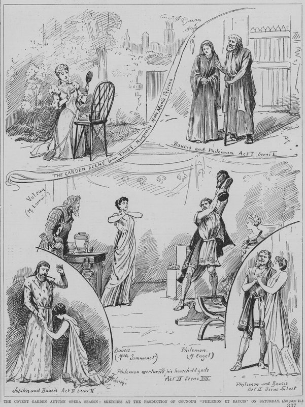 Scener fra en opførelse af Charles Gounods opera Philemon et Baucis i Royal Opera House, Covent Garden, London af English School