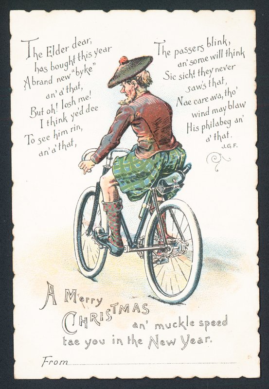 Skotte på cykel, julekort af English School