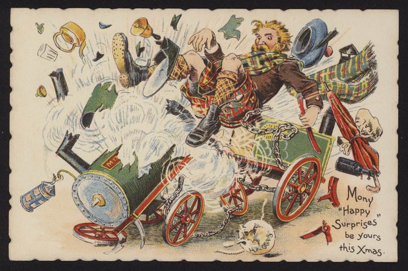 Skotte kører på en eksploderende dampmaskine (chromolitho) af English School