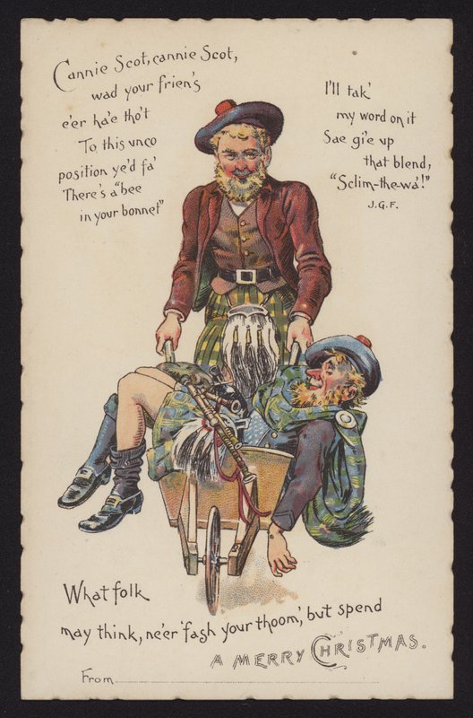 Skotte tager sin berusede ven med hjem i en trillebør (chromolitho) af English School