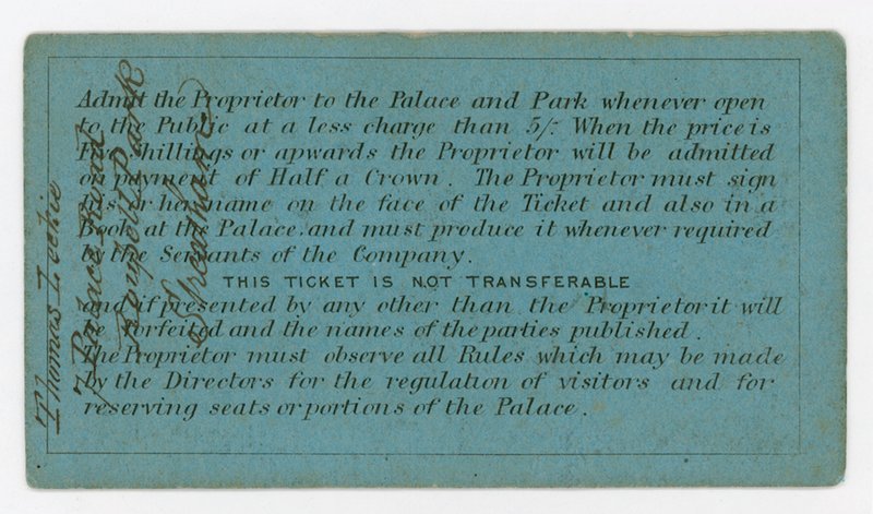 Sæsonkort for adgang til Crystal Palace, 186162, omvendt, viser regler af English School