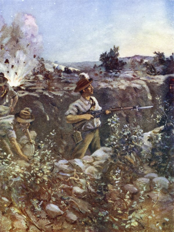 Sekondløjtnant Hugo Throssell holder en del af en erobret tyrkisk skyttegrav mod fjendens modangreb, Hill 60, Gallipoli, 29. august 1915 af English School
