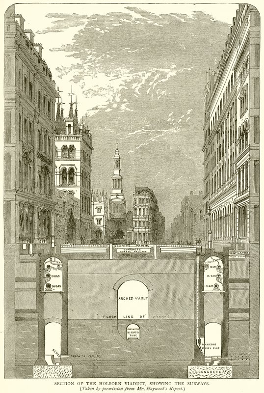 Udsnit af Holborn-viadukten, der viser undergrundsbanerne af English School