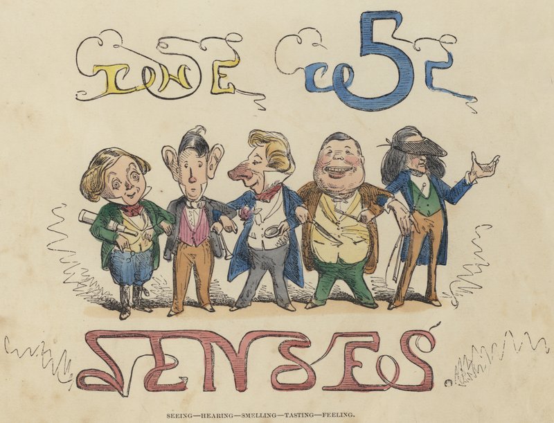 Se, høre, lugte, smage, føle (farvet indgravering) af English School
