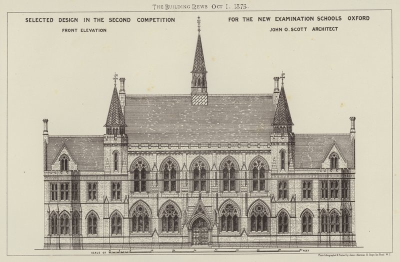 Udvalgt design i den anden konkurrence for de nye eksamensskoler Oxford, Front Elevation (gravering) af English School