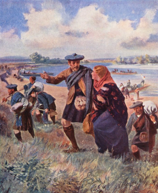 Nybyggere fra Kildonan ankommer til Red River, Manitoba (farvelitografi) af English School