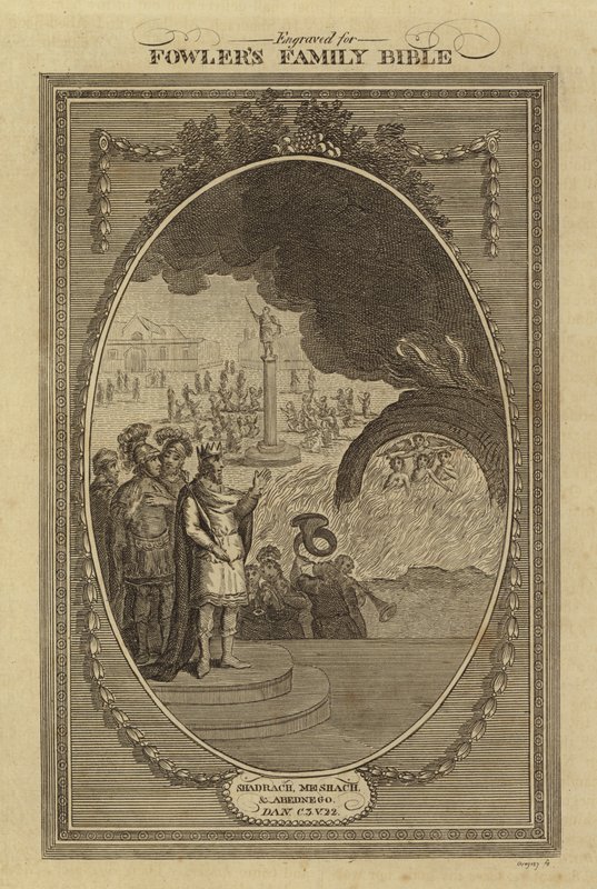 Shadrak, Meshak og Abednego, Daniel, kapitel 3, vers 22 (gravering) af English School