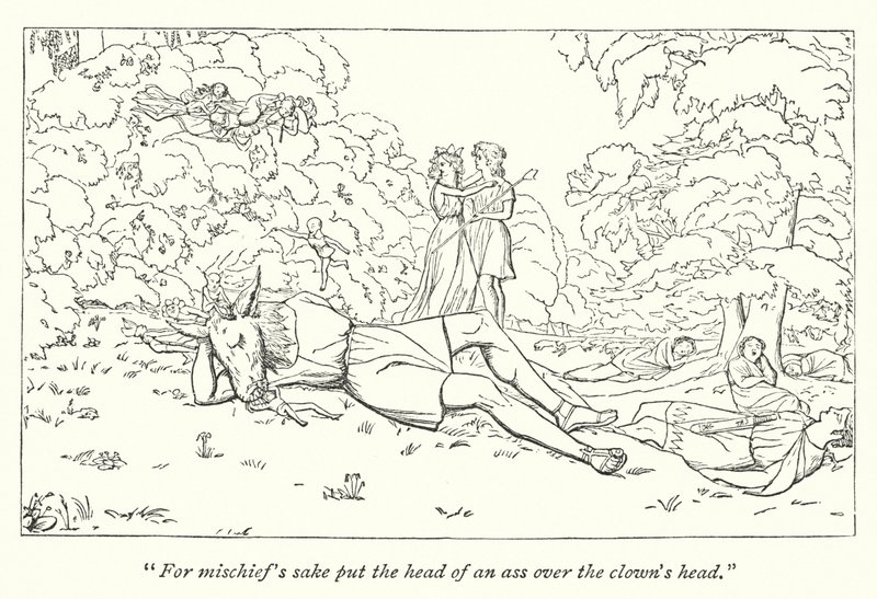 Shakespeares En skærsommernatsdrøm; Oberon frigiver Titania fra trylleformularen (gravering) af English School