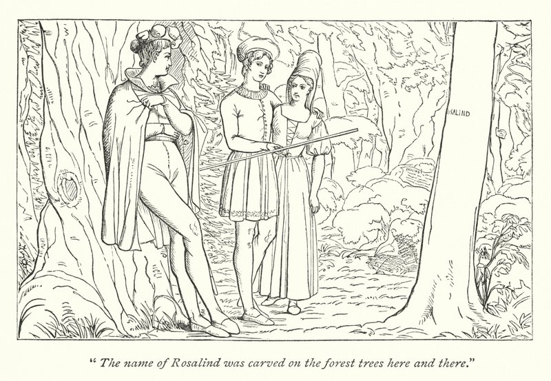 Shakespeares Som du kan lide det; Orlando ser Rosalind forklædt som Ganymedes (gravering) af English School