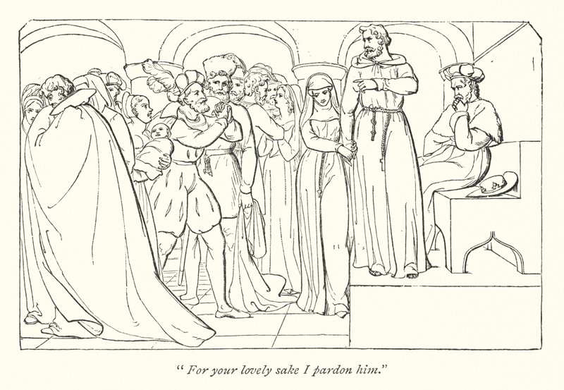 Shakespeares mål for mål; Claudio benådet af hertugen (gravering) af English School