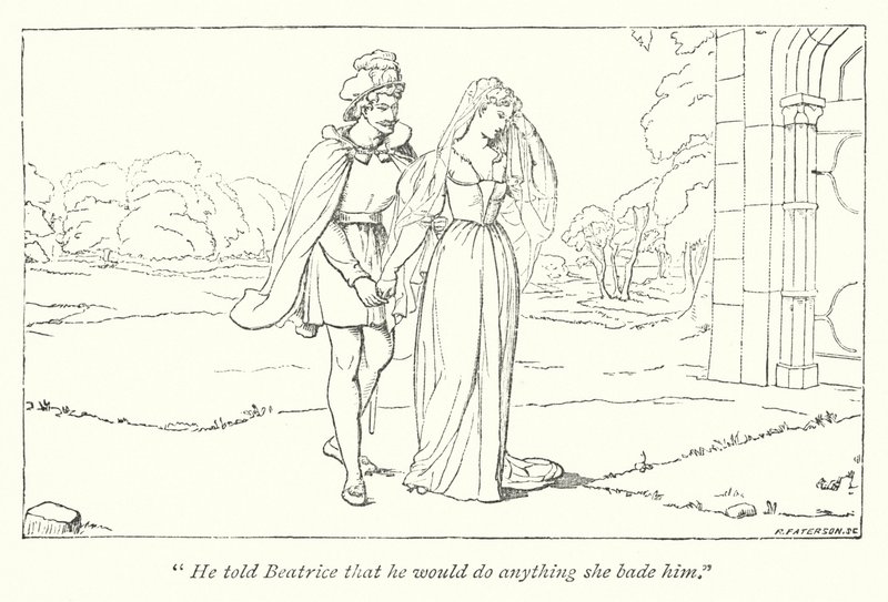 Shakespeares Much Ado About Nothing; Beatrice beklager Heros skændsel over Benedick (gravering) af English School
