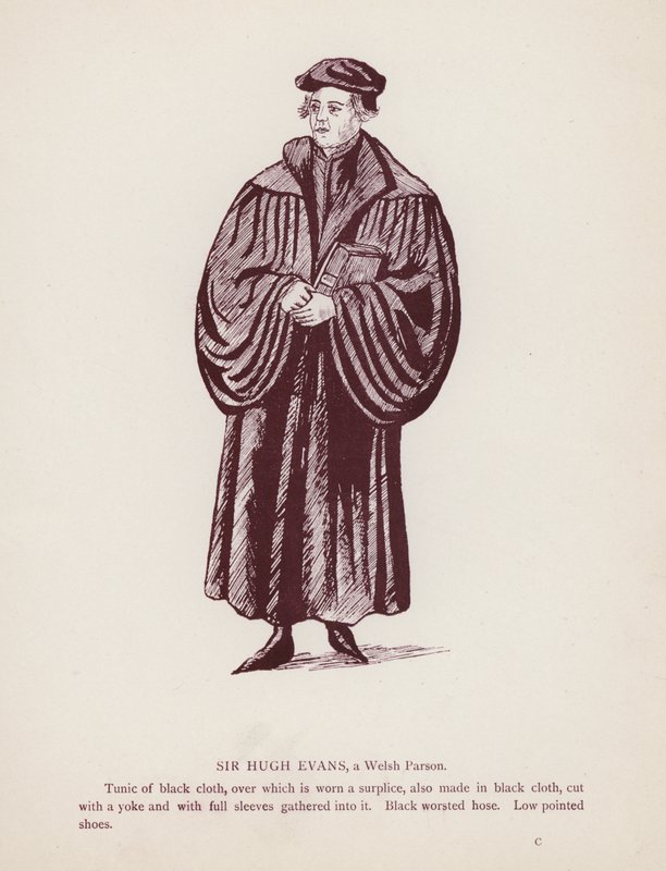 Shakespeares The Merry Wives of Windsor: Sir Hugh Evans, en walisisk præst (litho) af English School