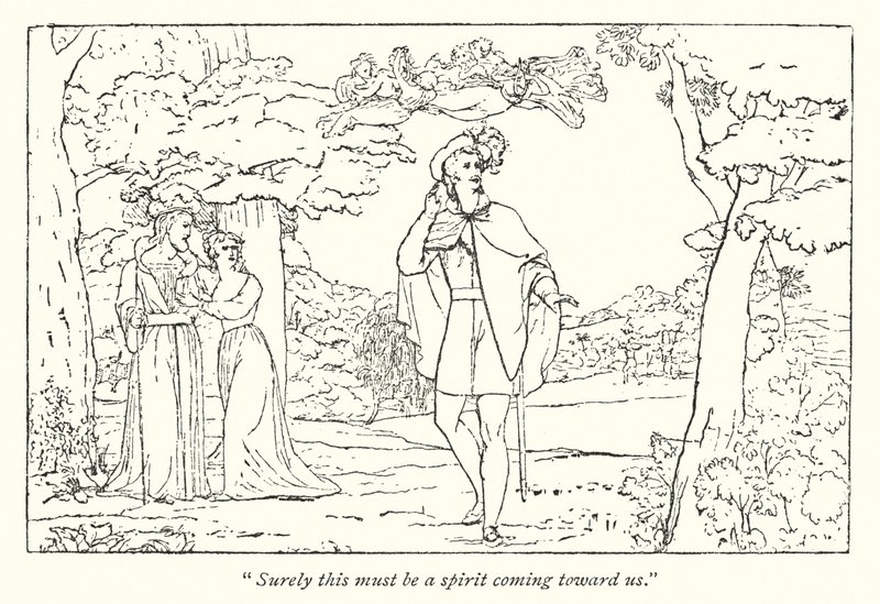 Shakespeares Stormen; Ferdinand ledet af Ariels sang (gravering) af English School