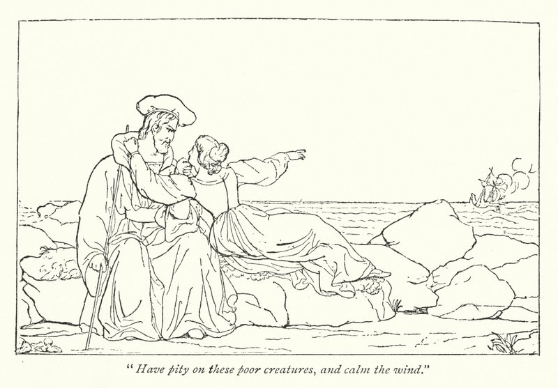 Shakespeares Stormen; Miranda beder sin far om at dæmpe vinden (gravering) af English School
