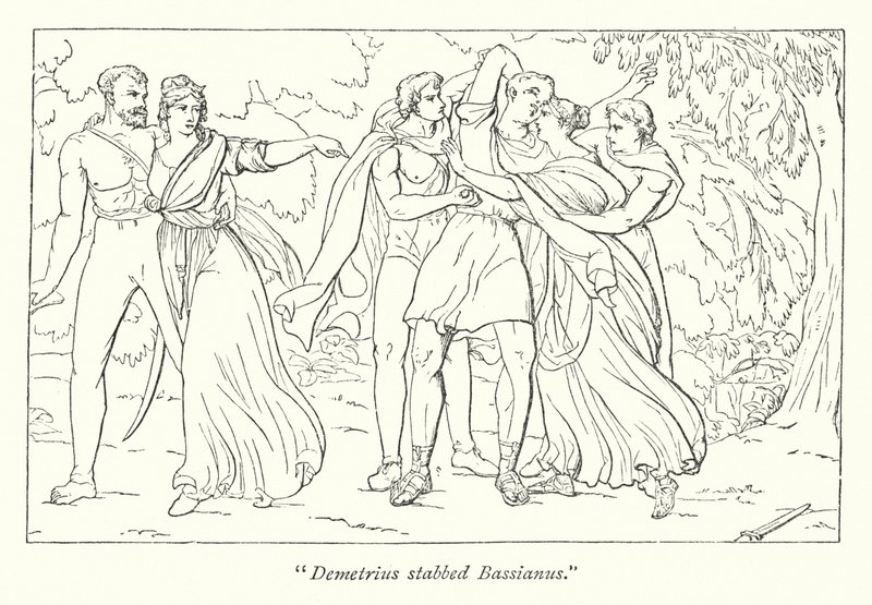 Shakespeares Titus Andronicus; Demetrius, anstiftet af Tamora, myrder Bassianus (gravering) af English School