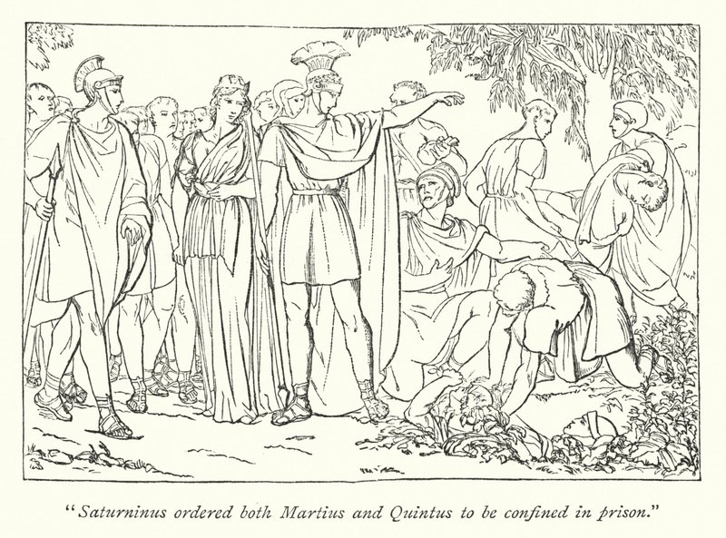 Shakespeares Titus Andronicus; Martius og Quintus arresteret for mordet på Bassianus (gravering) af English School